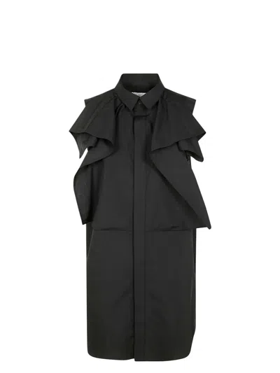 Sacai Poplin Dress With Cap Sleeves And Ruffled Detail In Black
