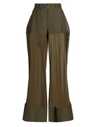 Sacai Women's Semi-sheer Wide-leg Pants In Khaki Olive