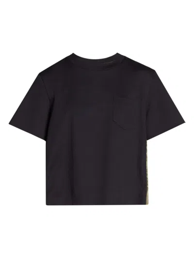 Sacai Women's Short-sleeve Mixed-media T-shirt In Navy Khaki Beige