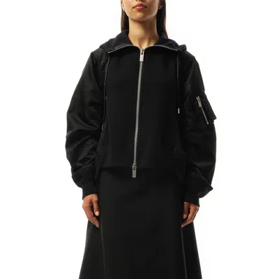 Sacai Women's Sponge Sweat Nylon Twill Zip Hoodie In Black