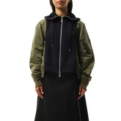 Sacai Women's Sponge Sweat Nylon Twill Zip Hoodie In Navy/khaki