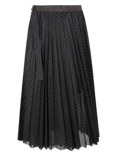 Sacai Organza Skirt With Contrasting Waistband And Pleated Design In Black