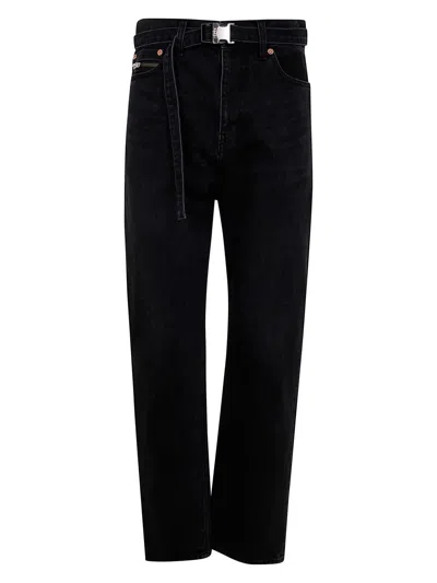 Sacai Belted Straight Leg Jeans In Black