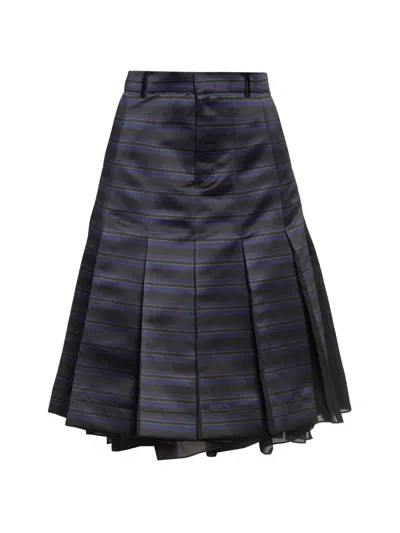 Sacai Women's Striped Pleated A-line Knee-length Skirt In Black
