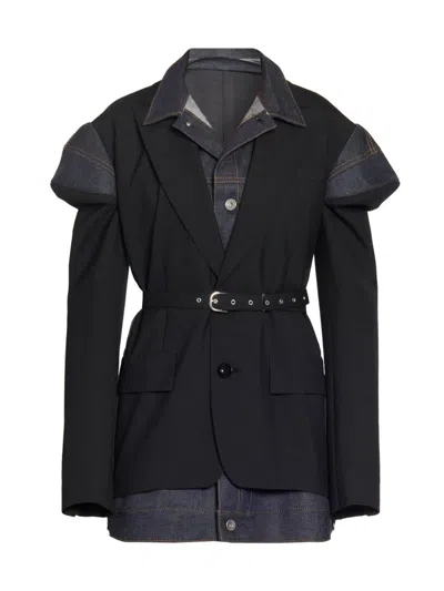Sacai Women's Suiting X Denim Belted Blazer In Black