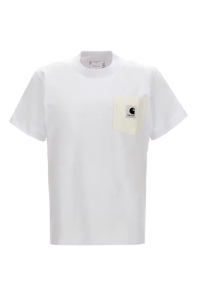 Sacai Carhartt Wip Zip-detailed Logo-appliquéd Canvas-trimmed Cotton-jersey T-shirt In White