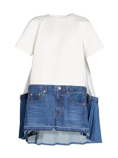Sacai Women's T-shirt Spliced Denim Minidress In White