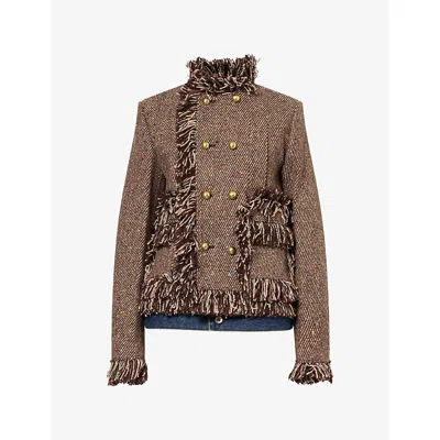 Sacai Womens Beige Blue Fringed Wool-blend Tweed Denim Jacket In Brown