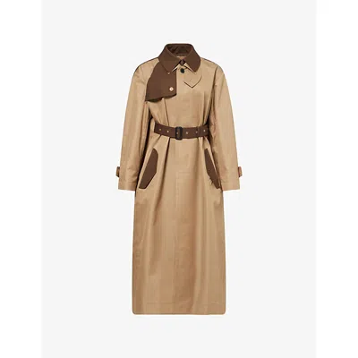 Sacai Womens Beige Brown Contrast-panels Belted Cotton-blend Trench Coat Xs