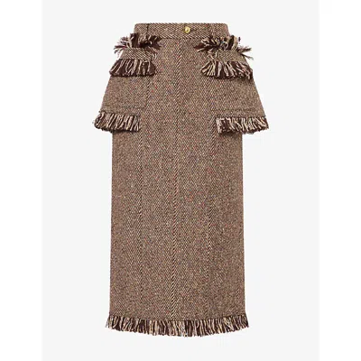 Sacai Womens Beige Tweed Wool-blend Midi Skirt In Brown
