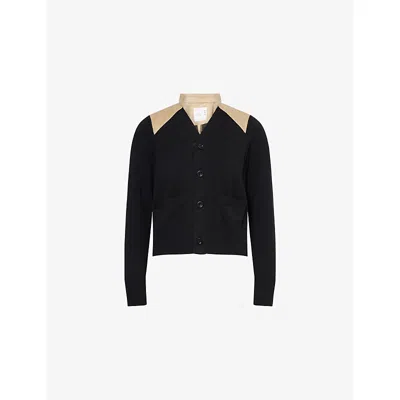 Sacai Womens Black Beige Contrast Pleated Cotton-blend Cardigan