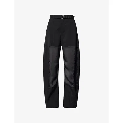 Sacai Womens Black Belted Curved-leg Wool Trousers
