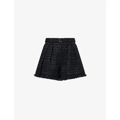 Sacai Womens Frayed-hem Belted Tweed Woven Shorts Black Black