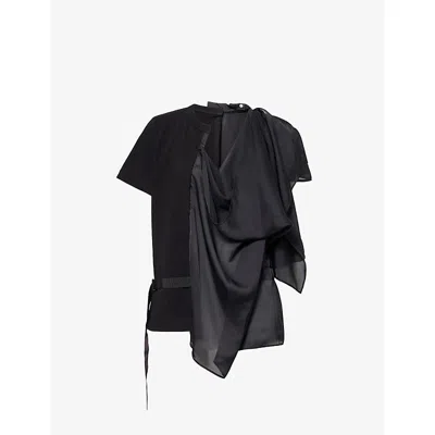 SACAI WOMENS BLACK BLACK LAYERED DRAPED SATIN AND COTTON-JERSEY T-SHIRT XL