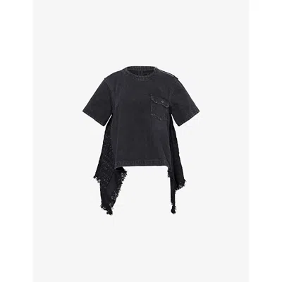 Sacai Womens Short-sleeve Tweed-panel Denim Top Black Black Xl