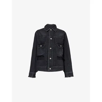 Sacai Womens Tweed Pleated Denim Jacket Black Black Xl
