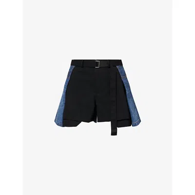 Sacai Womens Black Blue Contrasting-panel Belted Wool Shorts