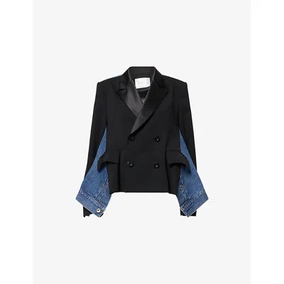 Sacai Womens Black Blue Tailored-contrast Wool And Denim Jacket