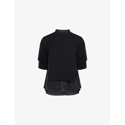 Sacai Womens Black Contrast-denim Short-sleeves Cotton-blend Jumper Xl