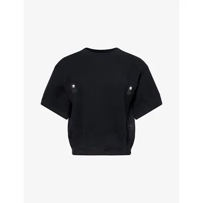 Sacai Womens  Contrast-shell Short-sleeves Cotton-blend Sweatshirt In Black