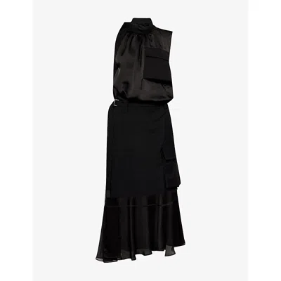 Sacai Womens Black Contrast Sleeveless Woven Midi Dress