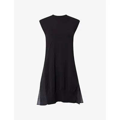 Sacai Womens Black Denim X Knit Pleated Cotton Mini Dress Xl
