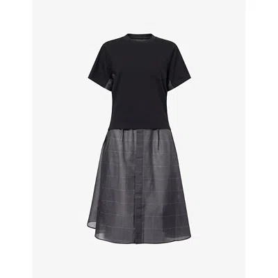 SACAI WOMENS BLACK GREY GLEN CHECK-PANELLED COTTON-JERSEY MIDI DRESS XL