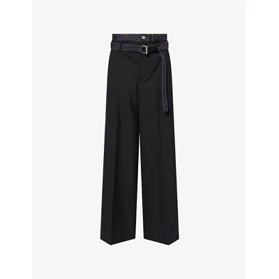 Sacai Womens Black Indigo Denim-contrast Tailored Woven Trousers In Blue