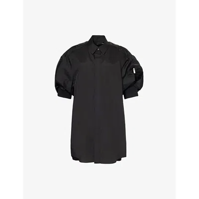 SACAI WOMENS BLACK PATCH-POCKET SHELL-SHORT-SLEEVES WOVEN-BLEND MINI DRESS XL