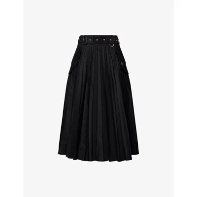 Sacai Womens Black Pleated Belted Cotton-blend Midi Skirt