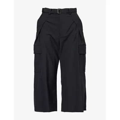 Sacai Womens Pleated Crop-leg Woven Trousers Black