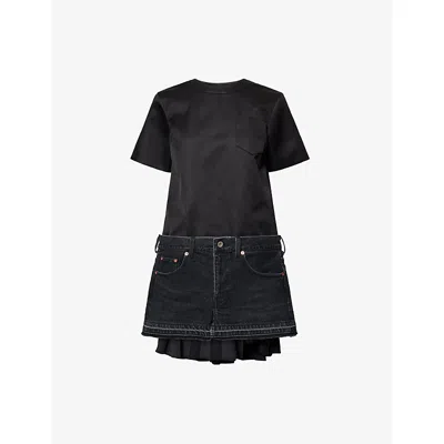 Sacai Womens Black Pleated Patch-pocket Cotton-and-silk Mini Dress