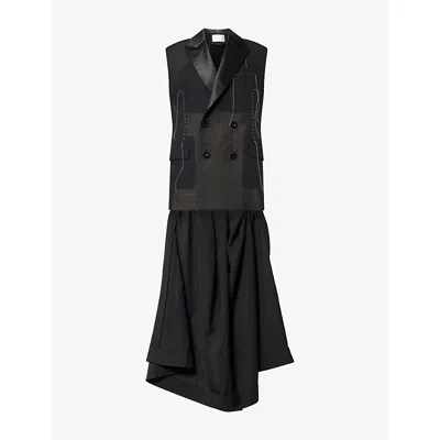 Sacai Womens Black Sleeveless Peak-lapel Wool And Organza Jacket