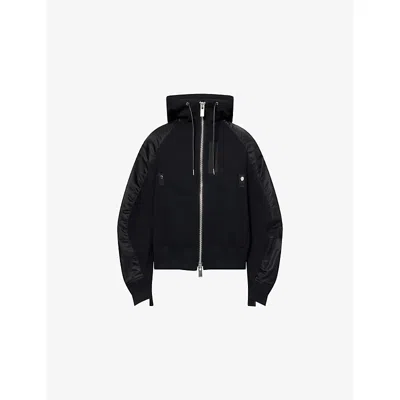 Sacai Womens Black Sponge Panelled Hooded Cotton-blend Track Jacket