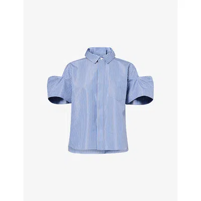 Sacai Womens Blue Stripe Short-sleeve Cotton Poplin Shirt Xs