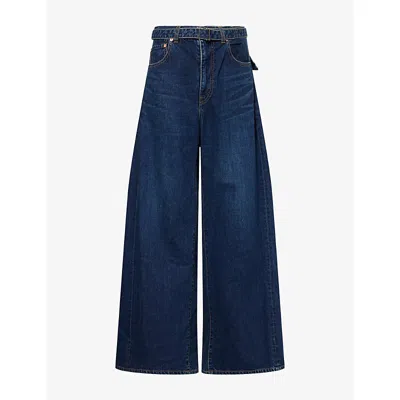 Sacai Womens Blue Wide-leg Pleated Denim Jeans