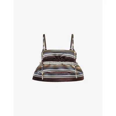 Sacai Womens Brown Beige Horizontal Stripe-print Satin Bralette Top