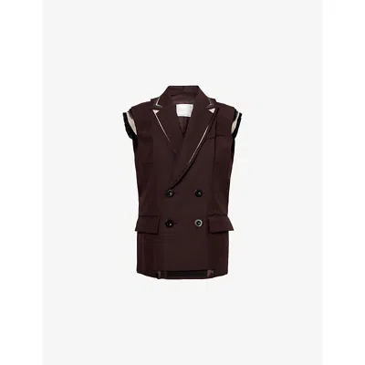 Sacai Womens Brown Double-breasted Relaxed-fit Woven Vest