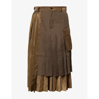 Sacai Womens Brown Double-layered Pleated Twill Midi Skirt Xl