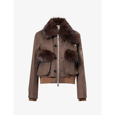 Sacai Womens Brown Faux-fur Trimmed Wool Jacket