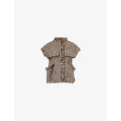 Sacai Womens Brown Fringed Sleeveless Wool-blend Jacket