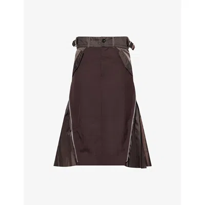 Sacai Womens Brown Pleated Regular-fit Woven Midi Skirt