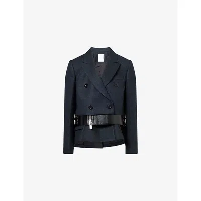 Sacai Womens C Gray Black Leather-panels Asymmetric Wool Jacket In Blue