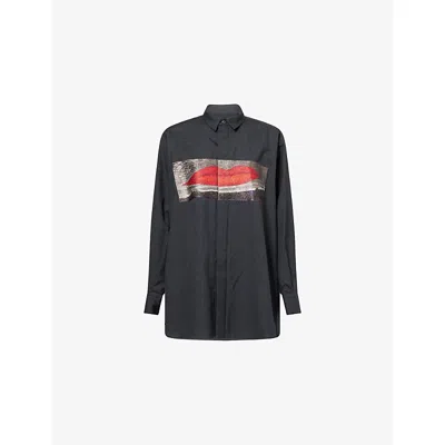 Sacai Womens C Gray Graphic-embroidered Long-sleeve Wool Shirt