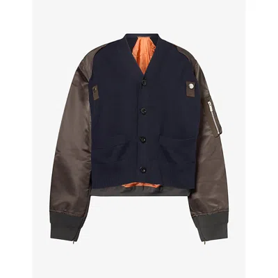 Sacai Womens Contrasting-panel V-neck Woven Jacket Navy D Khaki