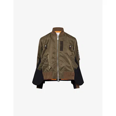 Sacai Womens D Khaki Navy Stand-collar Panelled Woven Bomber Jacket