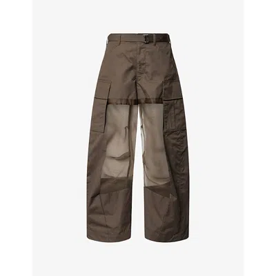 Sacai Womens  Sheer-panel Wide-leg Cotton Trousers In Brown