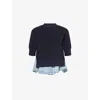Sacai Womens Navy Blue Denim-hem Short-sleeves Cotton-blend Jumper In Black