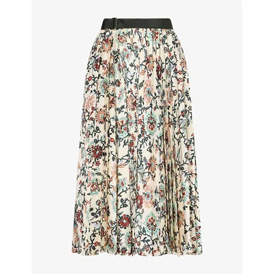 Sacai Womens Floral Pleated Satin Midi Skirt Ivory