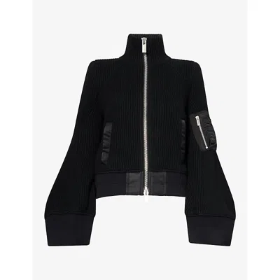 Sacai Womens Funnel-neck Ribbed Wool Jacket Black Xl
